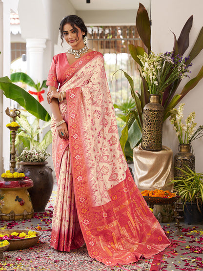 Anaita Cream Silk Woven Saree With Blouse