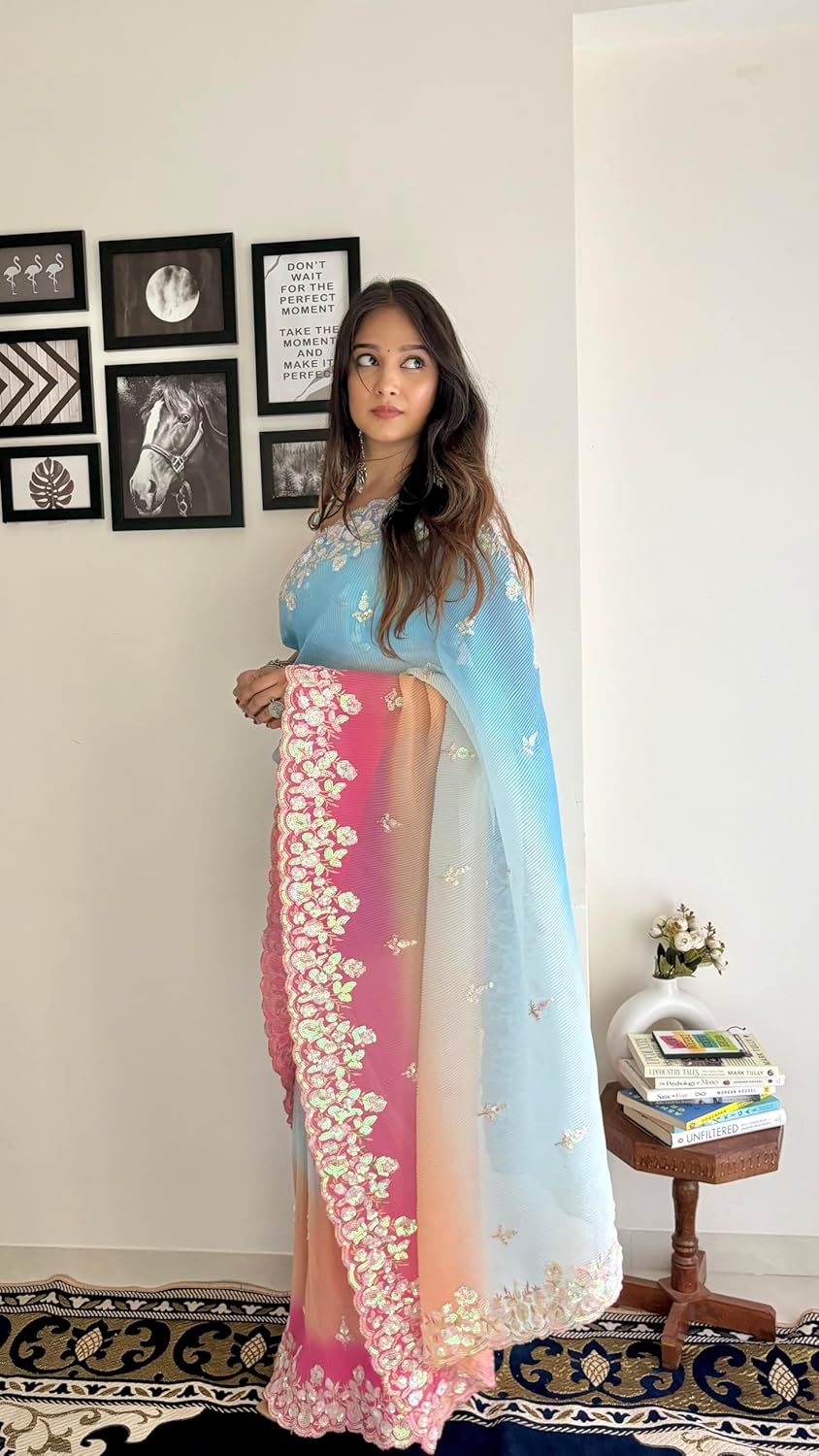 Vamika Embroidery Sky Blue Georgette Bollywood Saree