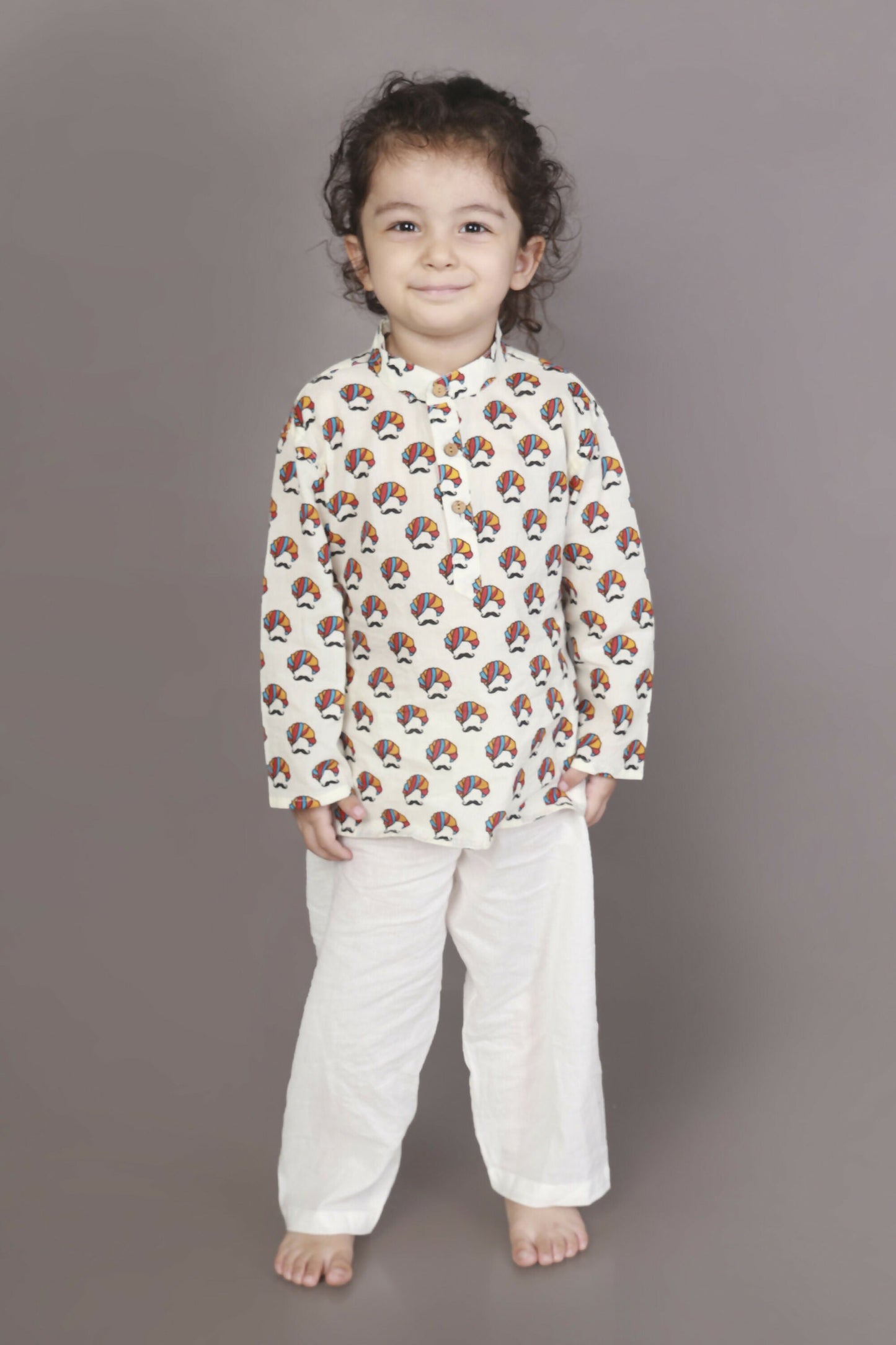 Breathables Kids Cotton Night Suit – White Turban Print Kurta & Pyjama Co-Ord Set For Boys & Girls
