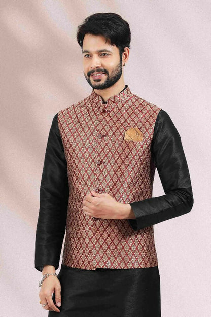 Raivat Ethnic Jacquard Banarasi Silk Woven Work 3 Pics Jacket Set In Maroon Colour