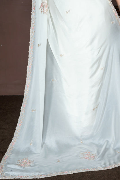 Morchari Off White Chiffon Hand Embroidery Saree And Stitched Blouse