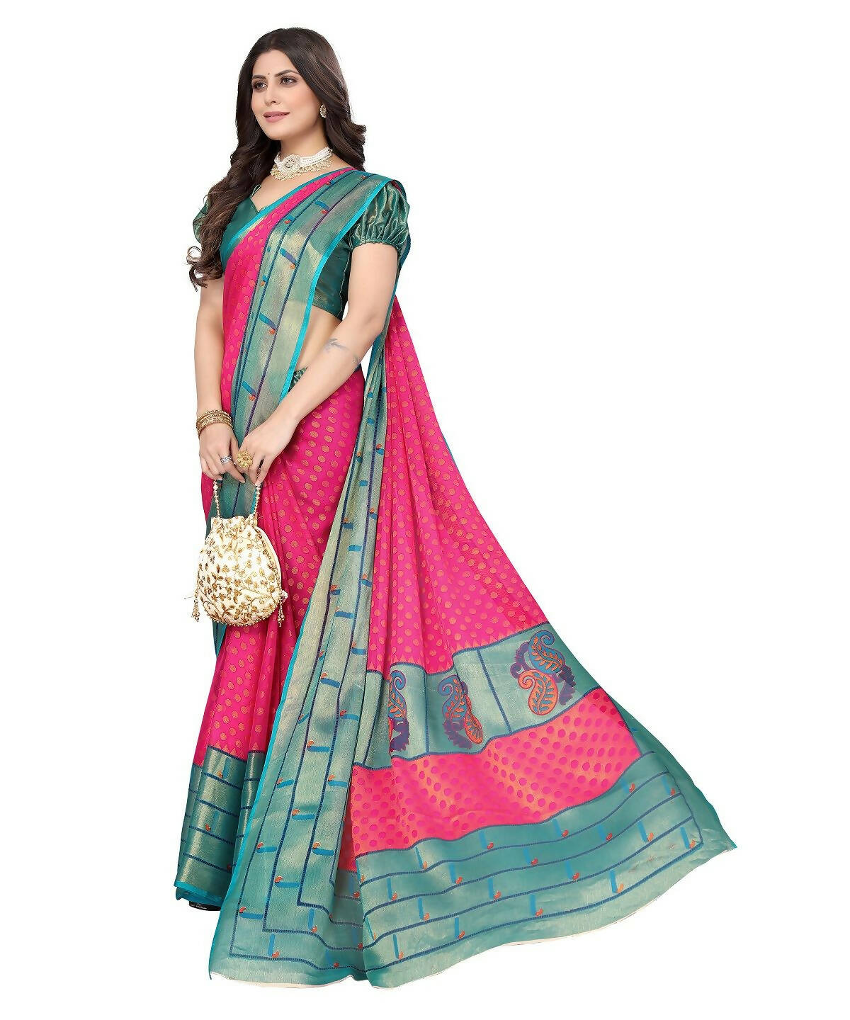 Vamika Pink Chiffon Brasso Bollywood Style Woven Saree (DIMPLE PINK)