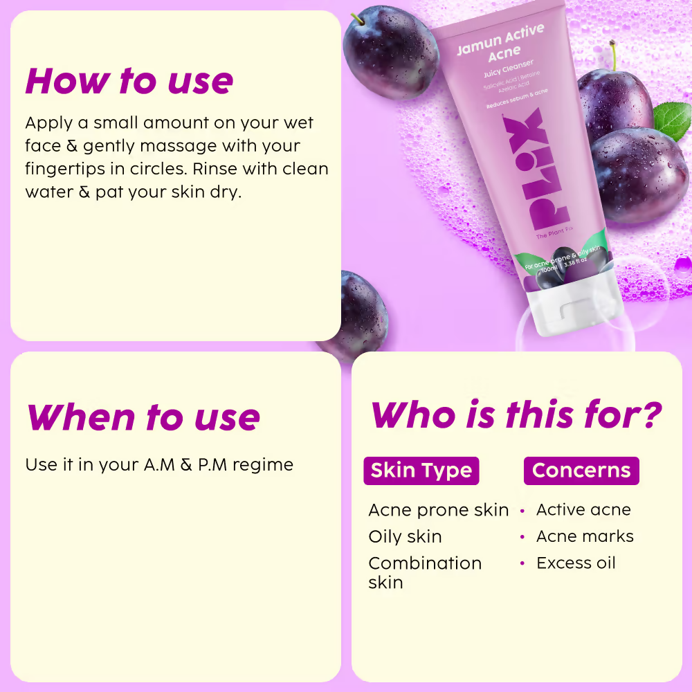 PLIX The Plant Fix Jamun Active Acne Regime - Cleanser, Acne Mark Serum, Moisturizer & Body Wash For Women & Men