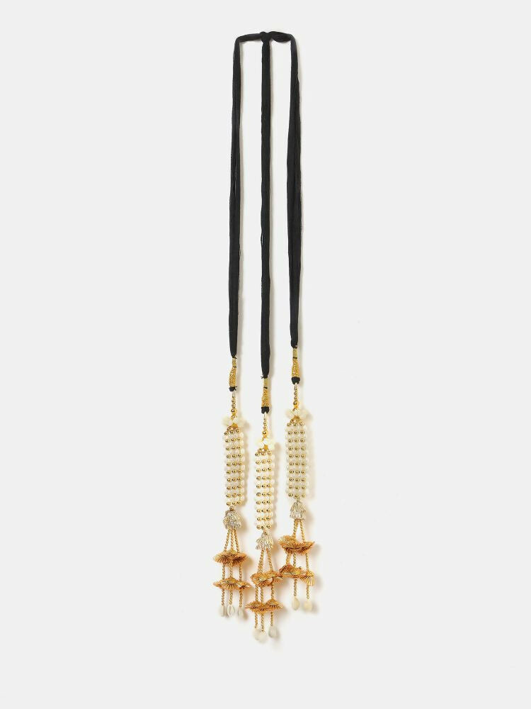 Ruby Raang Gold Gota Pati Work And Threads With Pearrls And Black Thread And Shells