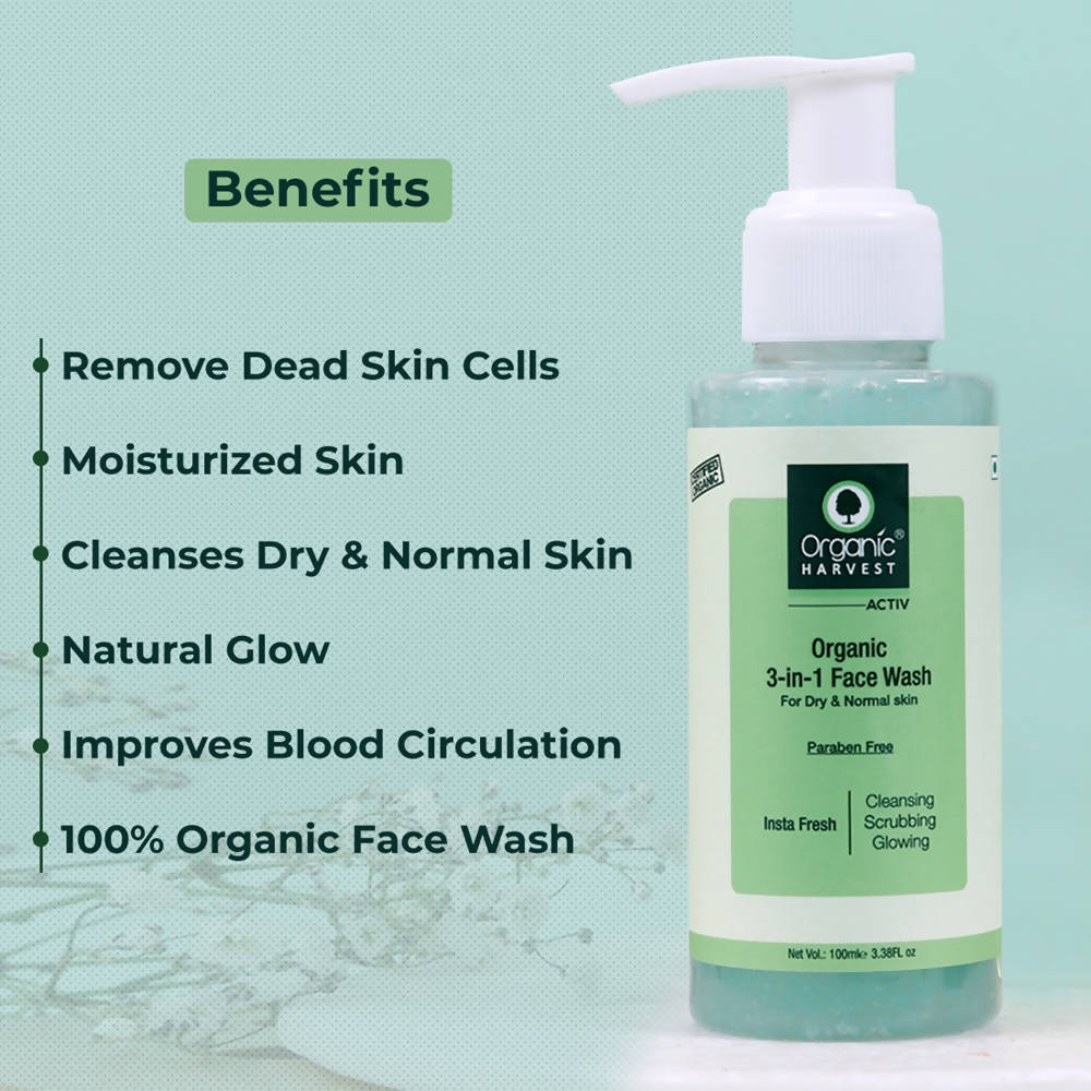 Organic Harvest 3-in-1 Face Wash for Dry and Normal Skin - 100 ml