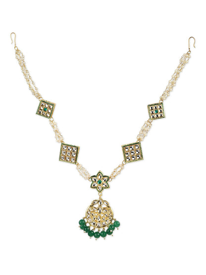 Gold-Polished White Green Kundan-Studded Pearl Beaded Matha Patti - Ruby Raang
