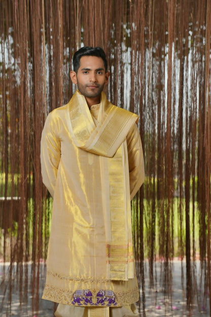 Gold Tissue Kanjivaram Machien Embroidered Pattu Set by Hilo Design