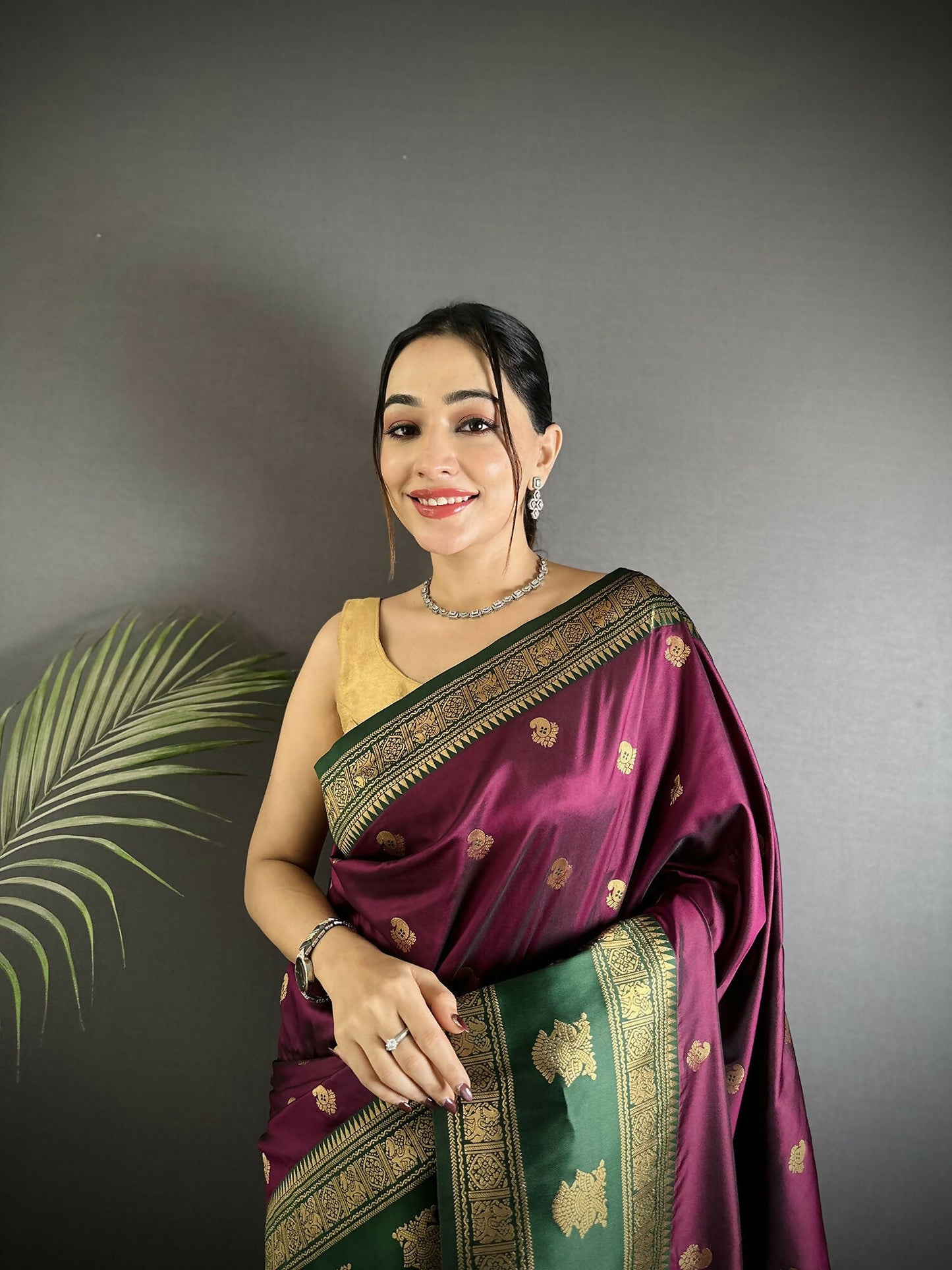 Joban Fashion Wine Banarasi Soft Silk Woven Butti Saree