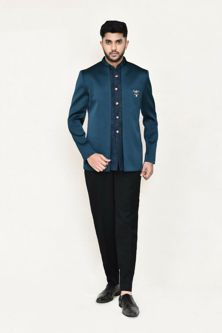 Joban Fashion Green Colored Imported Polyester Fabric Open Prince Coat, Jacket With Pant