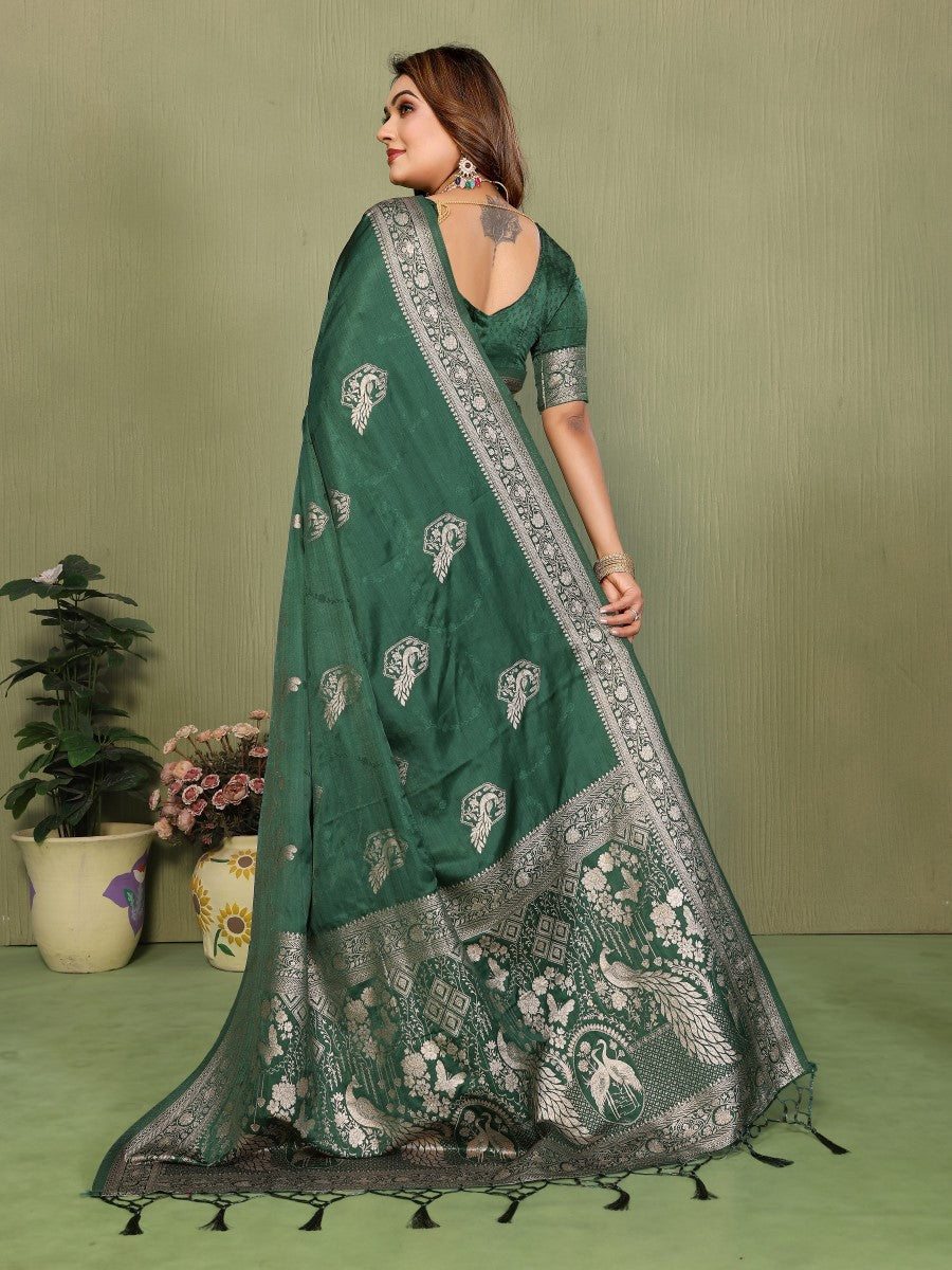 Anaita D Green Zari Butta Work Satin Silk Saree With Blouse