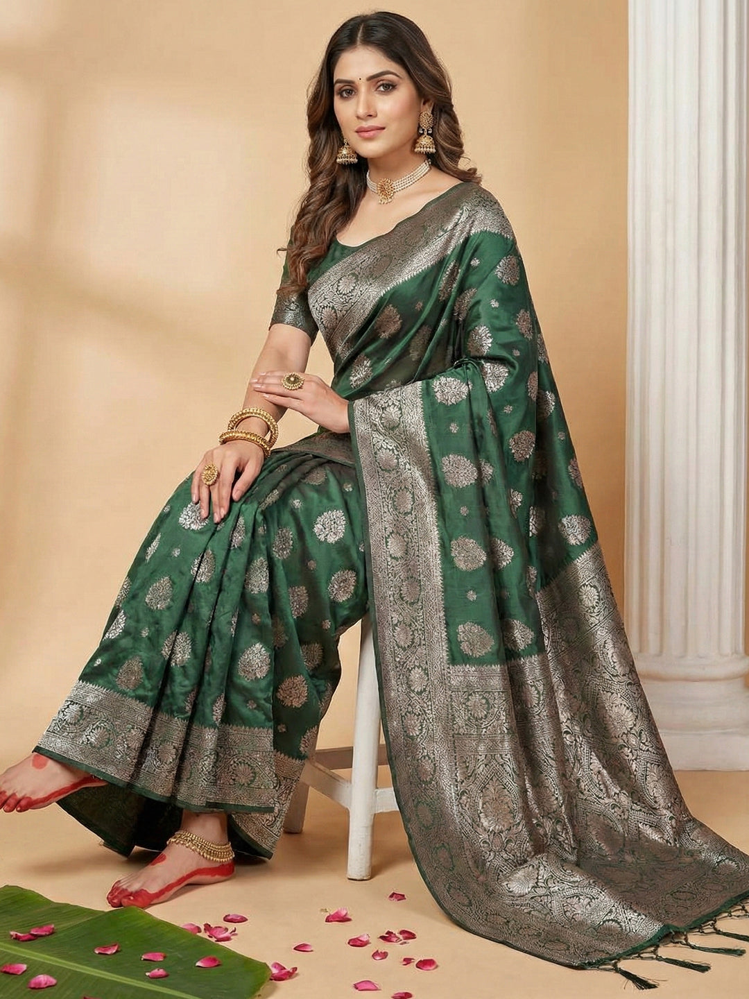 Anaita D Green Silk Blend Woven Saree With Blouse