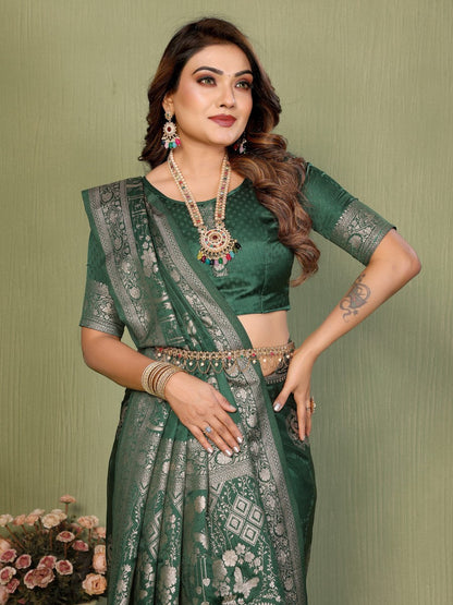 Anaita D Green Zari Butta Work Satin Silk Saree With Blouse