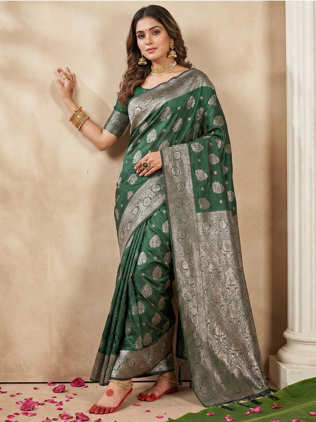 Anaita D Green Silk Blend Woven Saree With Blouse