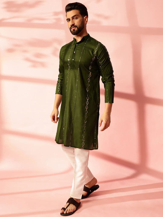 Anouk Geometric Embroidered Sequinned Cotton Straight Kurta