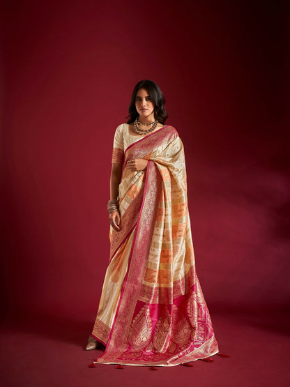 Joban Fashion Cream & Orange Plain With Weaving Border Banarasi Silk Sarees