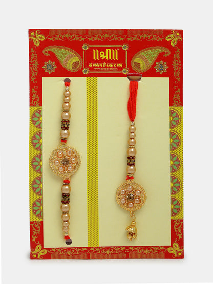 NVR Women & Men Set of 2 Gold-Toned Stone-Studded & Beaded Bhaiya Bhabi Rakhi With Roli Chawal