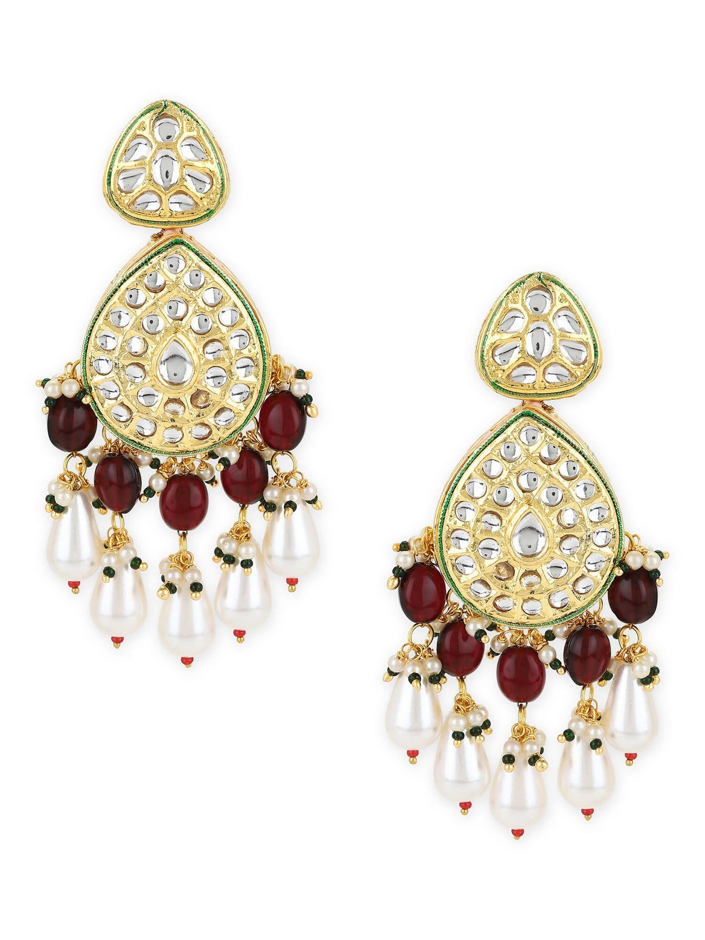 Gold-Toned White Kundan Contemporary Gold-Polished Jhumkas Earrings - Ruby Raang