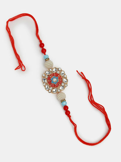 NVR Women & Men Set of 2 Red-colored Stone-Studded & Beaded Bhaiya Bhabhi Rakhi With Roli Chawal