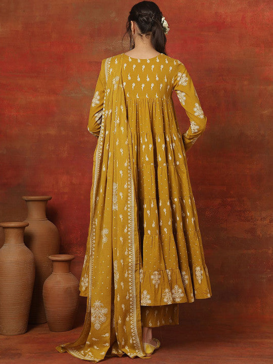 Sangria Printed Pure Cotton Key Hole-Neck Anarkali Kurta & Trousers With Dupatta