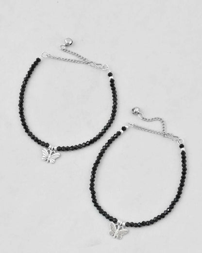 VOJ Set of 2 Butterfly Black Beads Anklet