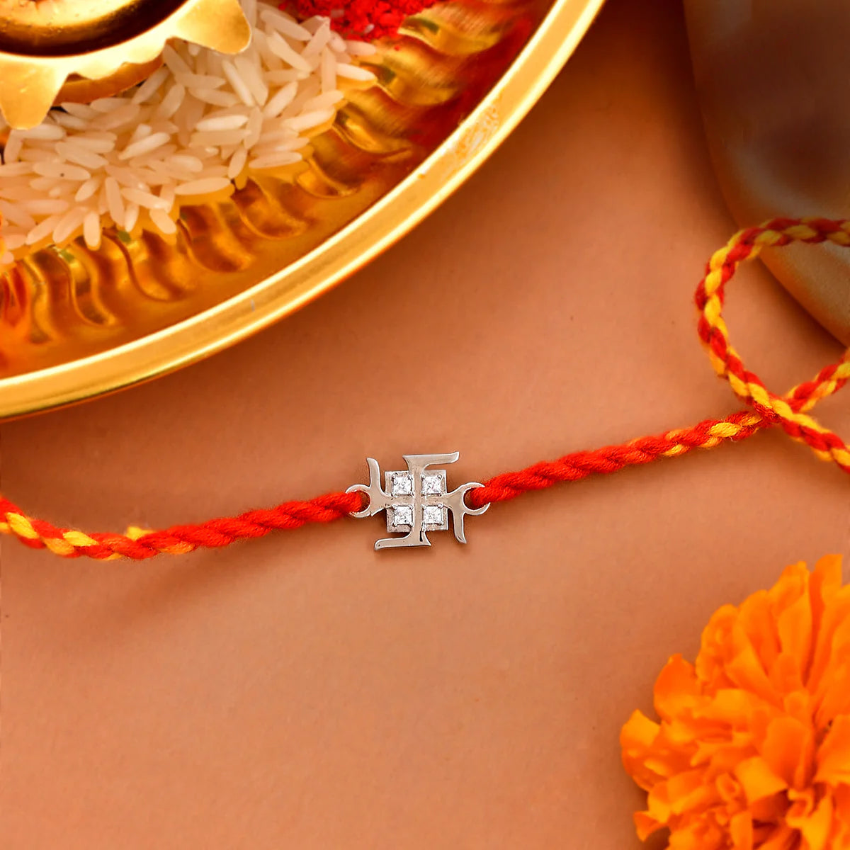 trueBrowns 925 Sterling Silver Precious Swastik Thread Rakhi
