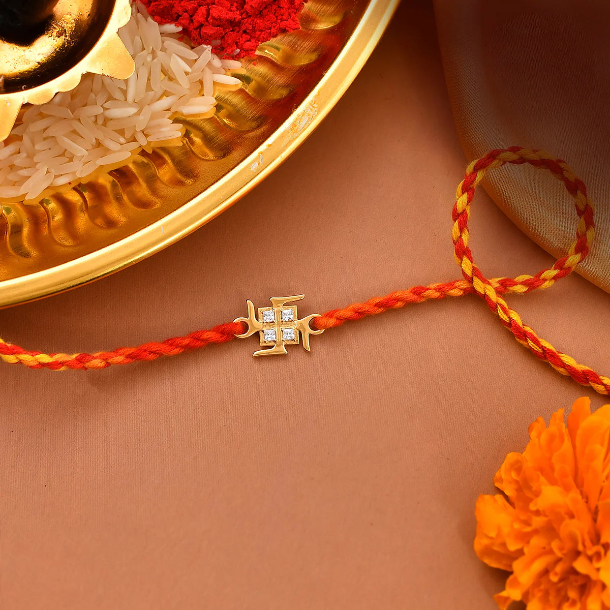 trueBrowns 925 Sterling Silver Swastik Gold-Polished Gold Micron Plated Thread Rakhi