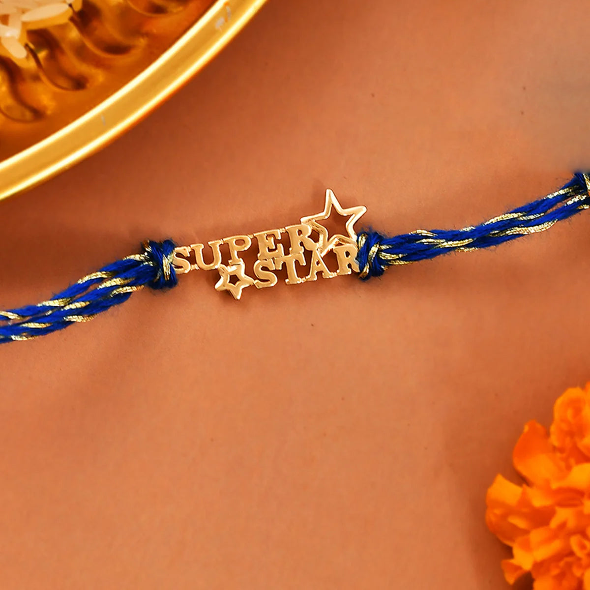 trueBrowns 925 Sterling Silver Gold-Polished Gold Micron Plated Superstar Thread Rakhi