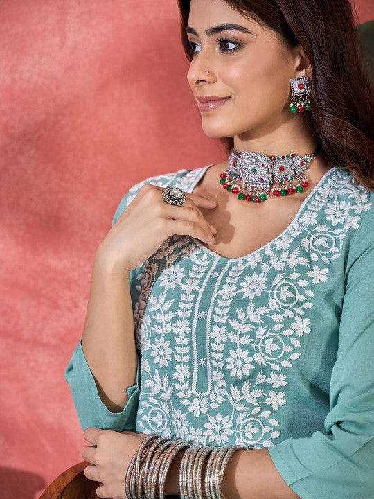 Sangria Floral Embroidered Round Neck Straight Kurta