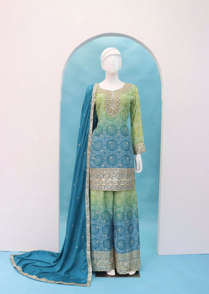 Anaita Blue Digital print with Embroidered Silk Stitched Plazo Suit