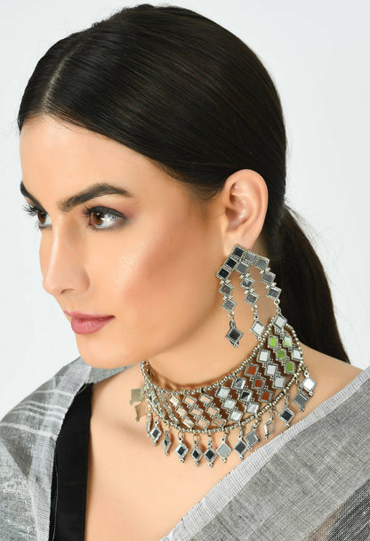 Mominos Fashion Johar Kamal Oxidised Silver-Plated Alloy Finish Mirror Choker For Women