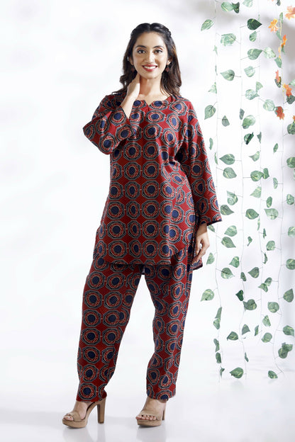 Breathables Abstract Cotton Co-Ord Set – Red