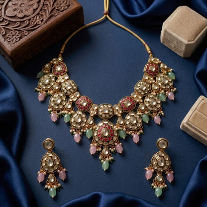 Jewel City Gold Plated Kundan Necklace Set With Pastel Pink And Mint Green Beads For Indian Bridal Weddings