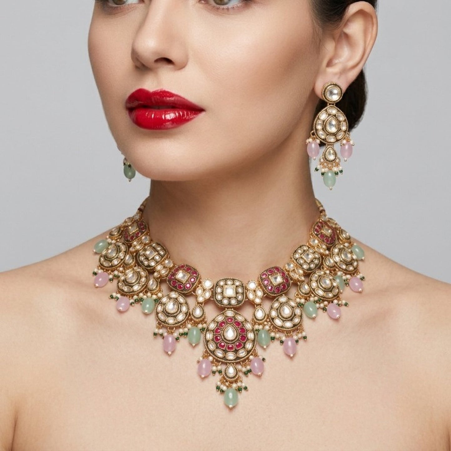 Jewel City Gold Plated Kundan Choker Set with Ruby Red Stones for Indian Wedding Bridal Wear