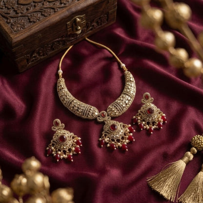 Jewel City Gold Plated Kundan Choker Set with Ruby Red Stones for Indian Wedding Bridal Wear
