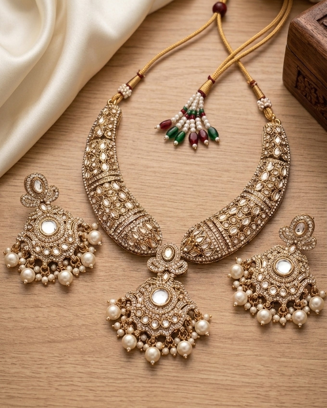 Jewel City Gold Kundan Necklace Set With Pearl Drop Earrings For Bridal Weddings