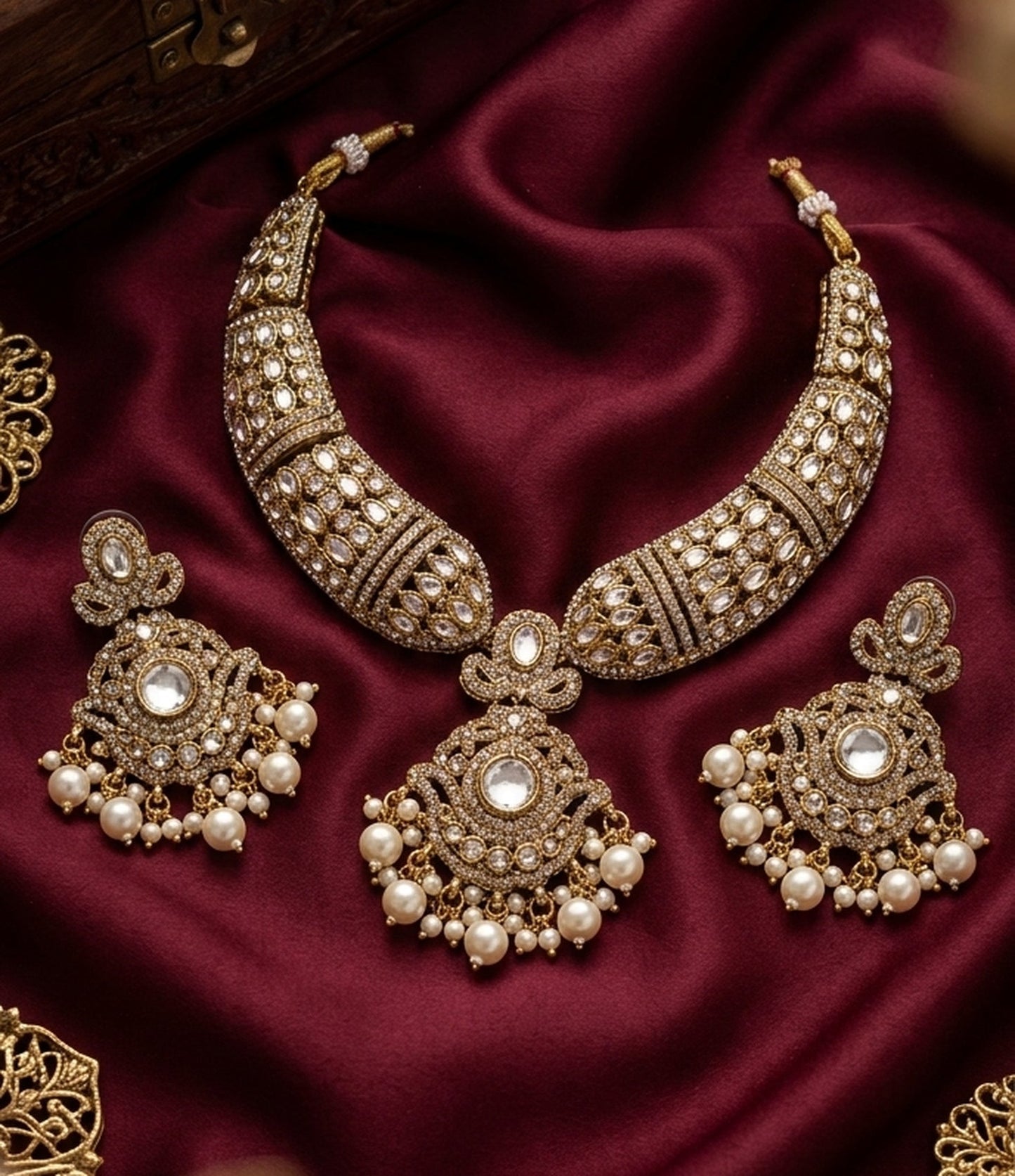 Jewel City Gold Kundan Necklace Set With Pearl Drop Earrings For Bridal Weddings