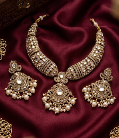 Jewel City Gold Kundan Necklace Set With Pearl Drop Earrings For Bridal Weddings