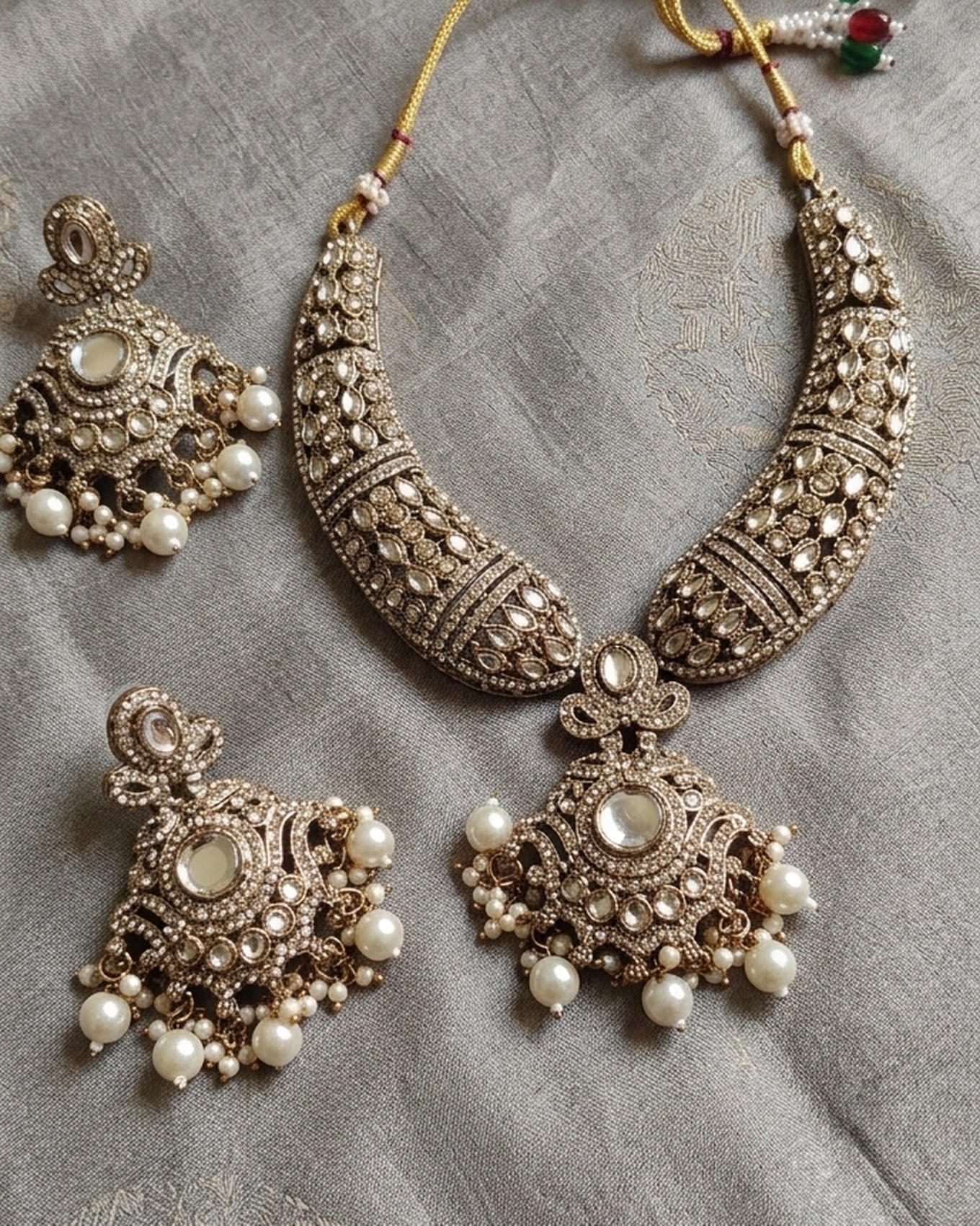 Jewel City Gold Kundan Necklace Set With Pearl Drop Earrings For Bridal Weddings