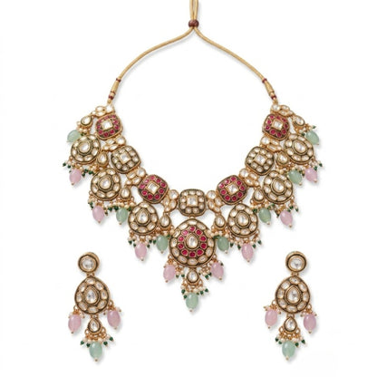 Jewel City Gold Plated Kundan Necklace Set With Pastel Pink And Mint Green Beads For Indian Bridal Weddings