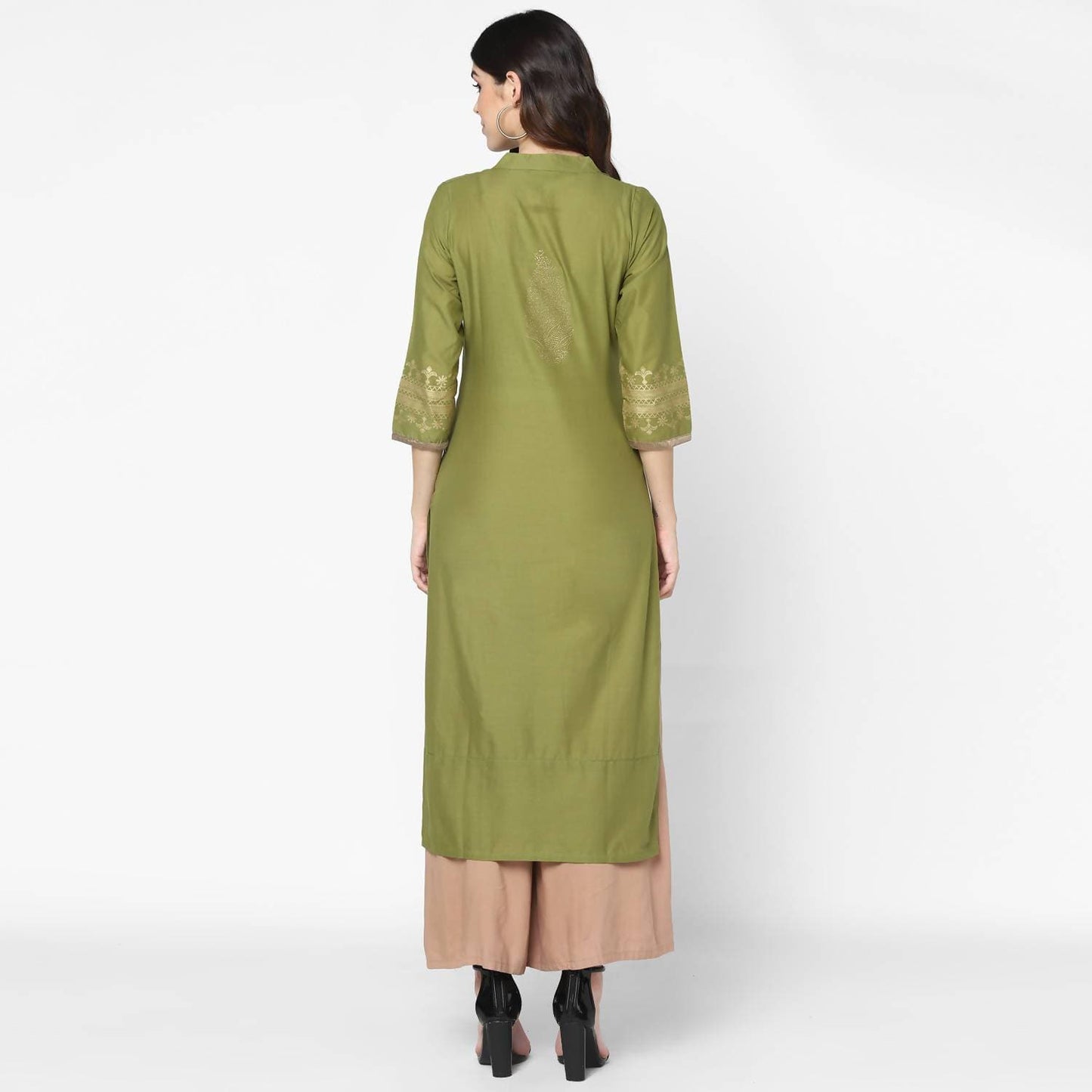 Cheera Hand Block Print Military Color & Skin Color Straight Kurta With Palazzo (MAAI-076K)