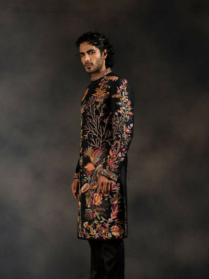 Black Tides Hand Embroidered Indowestern Sherwani by Hilo Design