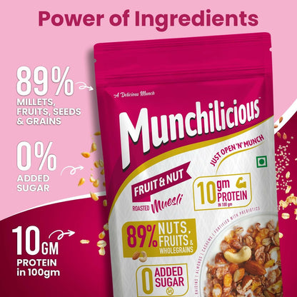 Munchilicious Muesli - Fruit & Nut, 75% Nuts, Grains, Seeds, Fruits & Berries