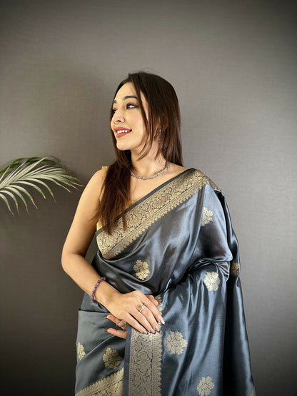 Joban Fashion Grey Floral Jacquard Woven Design Cotton Silk Banarasi Silk Saree