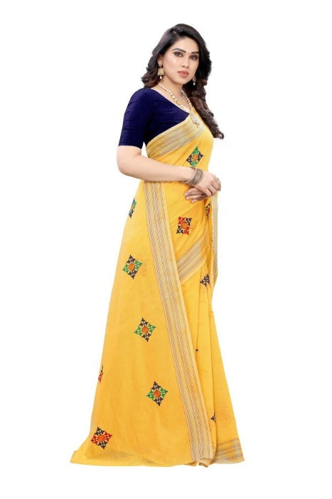 Vamika Chanderi Cotton Box Designed Embroidery Yellow Saree (Dixa Yellow)