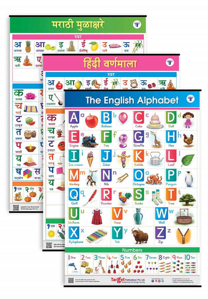 Jumbo Set of 3 Early Learning Charts contains Alphabets & Numbers in Hindi,English & Marathi for kids