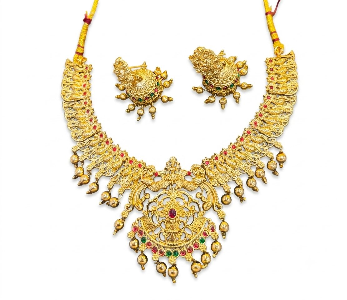 Jewel City Gold Plated South Indian Temple Jewelry Set-Traditional Festive Necklace with Earrings-Bollywood Style Ethnic Set