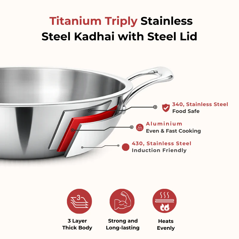 Vinod Doniv Titanium Triply Stainless Steel Kadhai with Steel Lid