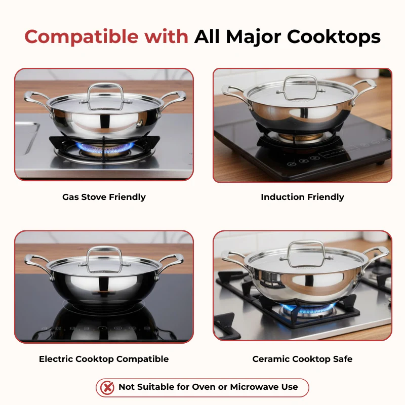 Vinod Doniv Titanium Triply Stainless Steel Kadhai with Steel Lid