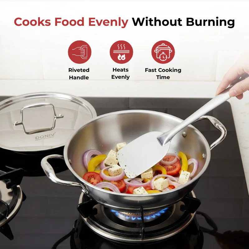 Vinod Doniv Titanium Triply Stainless Steel Kadhai with Steel Lid