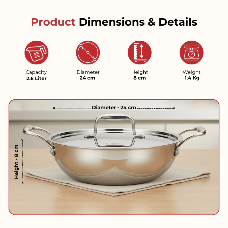 Vinod Doniv Titanium Triply Stainless Steel Kadhai with Steel Lid